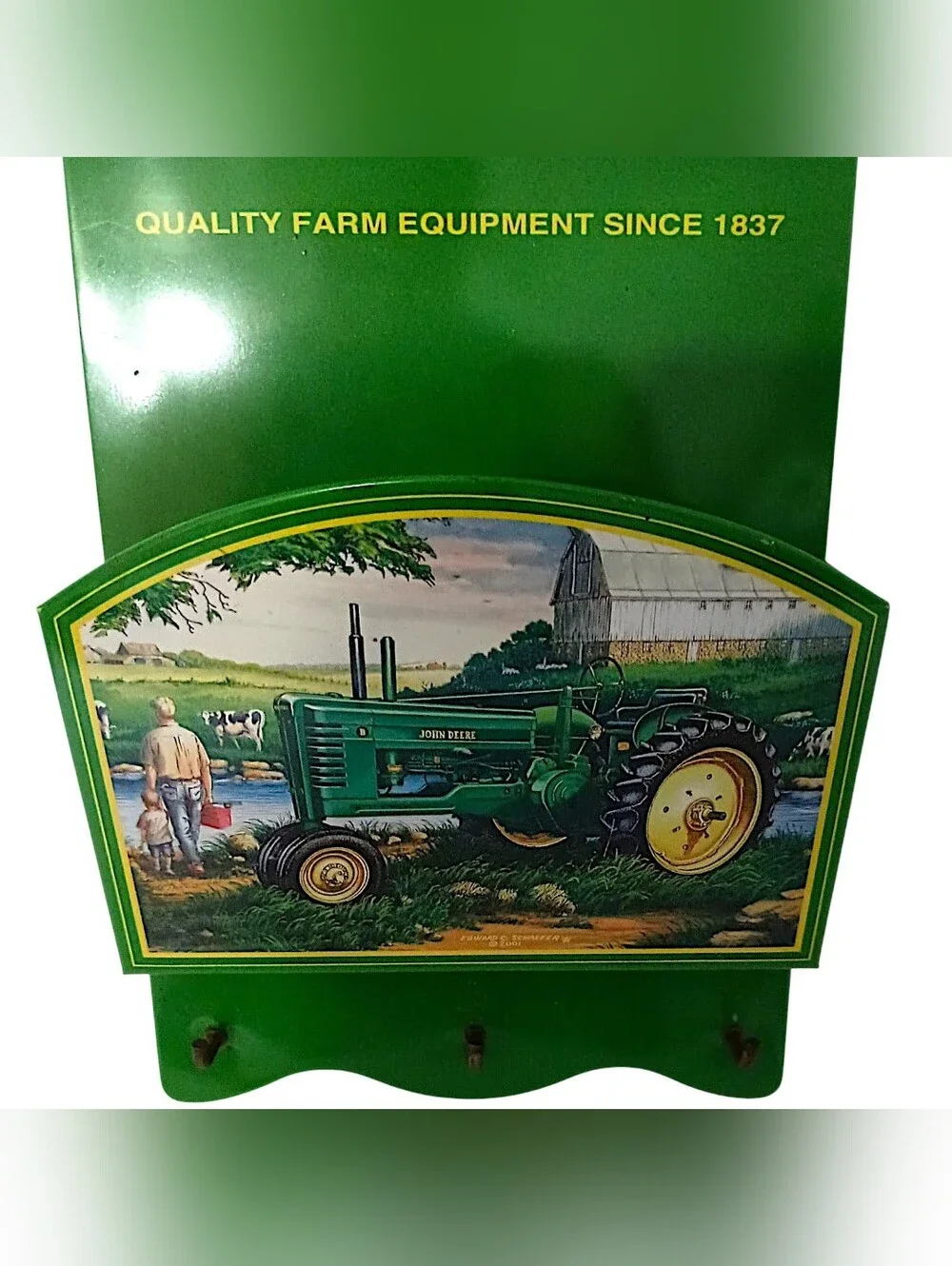 Vtg John Deere Tractor Mail Holder Key Rack Metal 3 Hooks Farmhouse Wall Decor